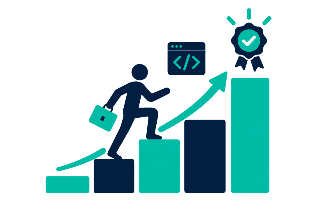 Illustration of an upward path marked with certification and code icons