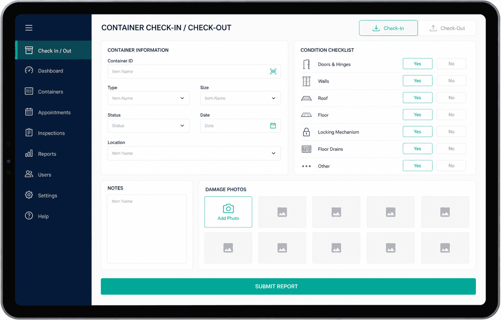 Tablet interface showing a container check-in screen with a damage checklist and photo upload