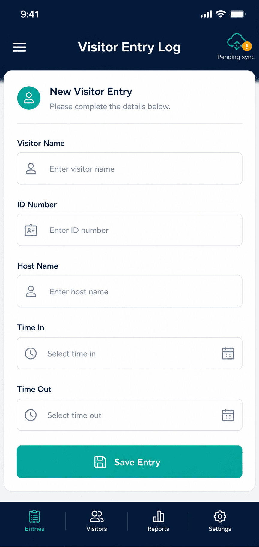 Mobile visitor entry form showing time-in and time-out fields with a pending sync indicator