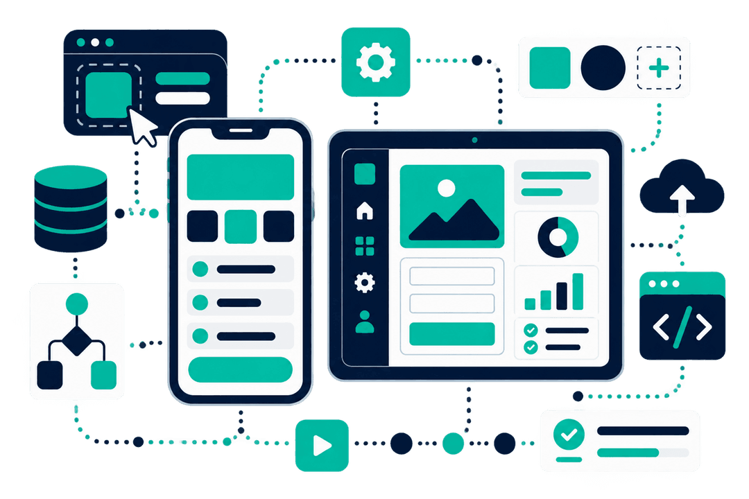 Illustration of a mobile and tablet business app built with Power Apps