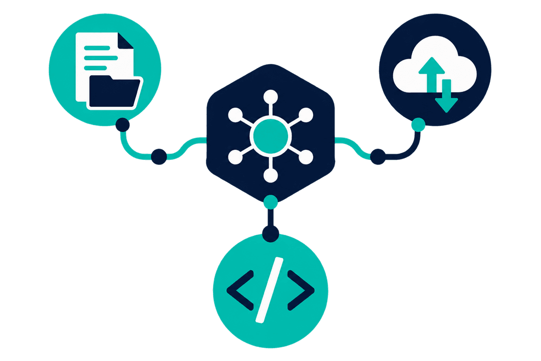 Illustration of a central hub connecting documents, cloud services, and an API